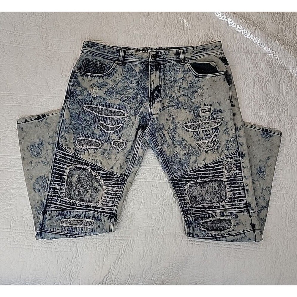 True Rock Jeans Mens 36 Blue Stonewashed Distressed Grunge Measures 38x32 Moto